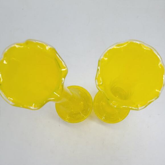 Vintage Yellow Crackle Glass Bud Vase Set Ruffle Rim Mid Century Home Decor - Picture 3 of 6